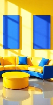 yellow common area showing shingy floor and blue paintings